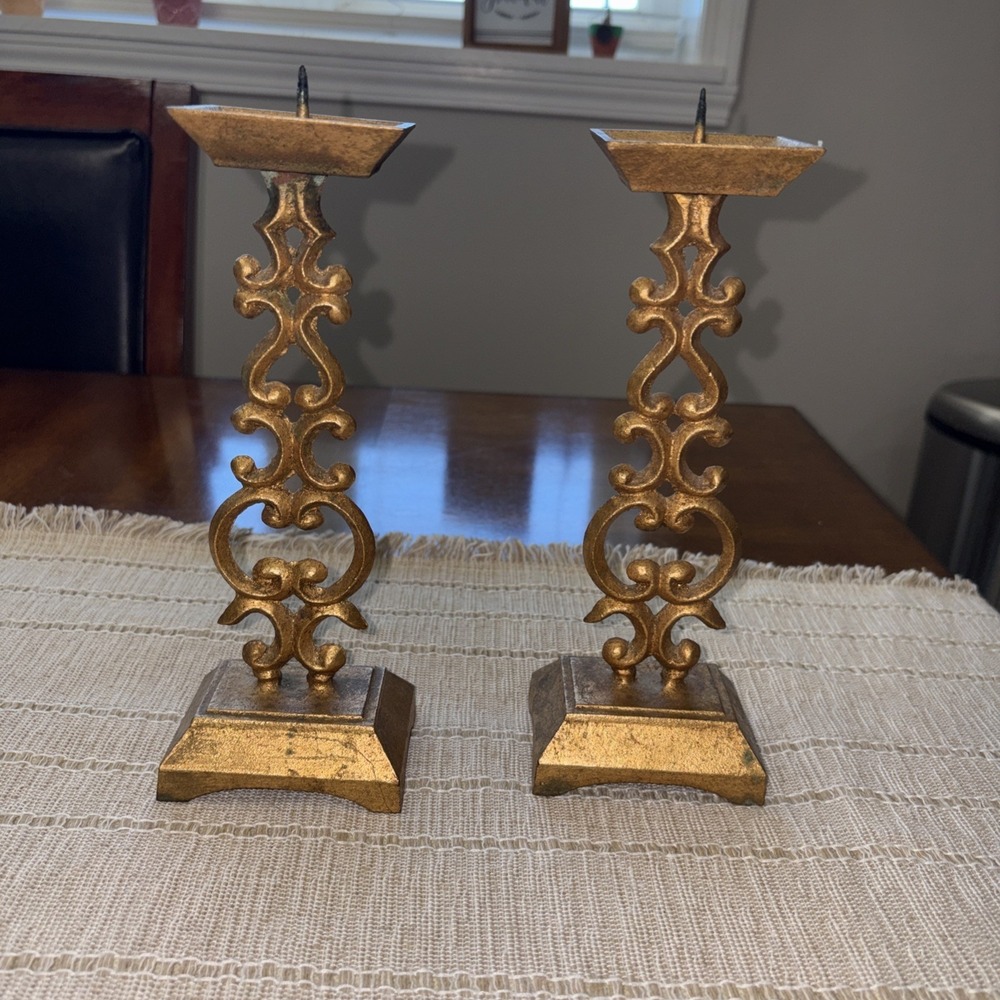 VTG Japanese Gold Tone Pair Of Candlesticks  9 Inch